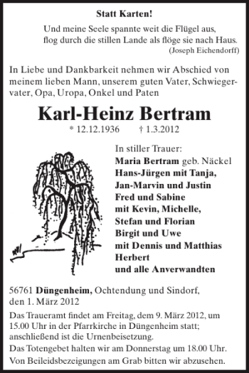 Traueranzeige von Karl-Heinz Bertram von WochenSpiegel