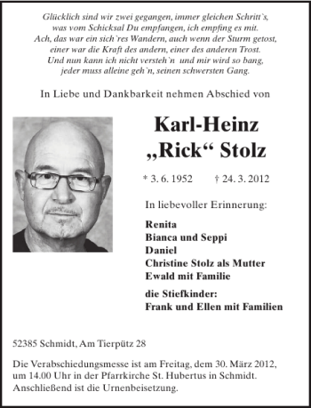 Traueranzeige von Karl-Heinz Rick Stolz von WochenSpiegel