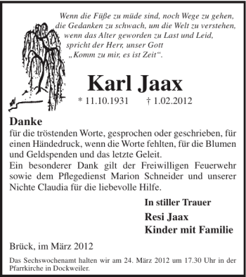 Traueranzeige von Karl Jaax von WochenSpiegel