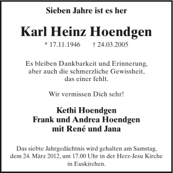 Traueranzeige von Karl Heinz Hoendgen von WochenSpiegel