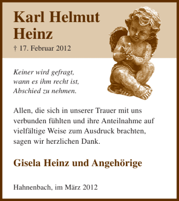 Traueranzeige von Karl Helmut Heinz von WochenSpiegel