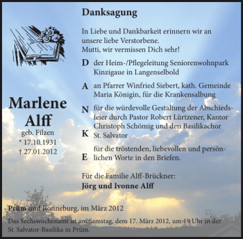 Traueranzeige von Marlene Alff von WochenSpiegel