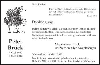 Traueranzeige von Peter Brück von WochenSpiegel