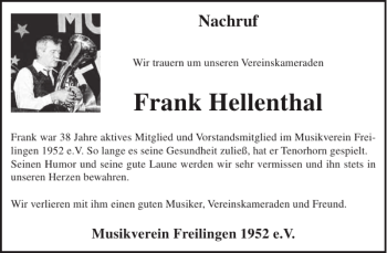 Traueranzeige von Frank Hellenthal von WochenSpiegel