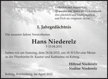 Traueranzeige von Hans Niederelz von WochenSpiegel