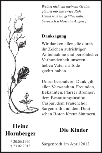 Traueranzeige von Heinz Hornberger von WochenSpiegel