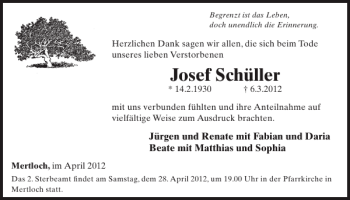 Traueranzeige von Josef Schüller von WochenSpiegel