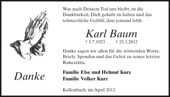 Traueranzeige von Karl Baum von WochenSpiegel