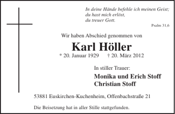 Traueranzeige von Karl Höller von WochenSpiegel