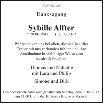 Traueranzeige von Sybille Alfter von WochenSpiegel