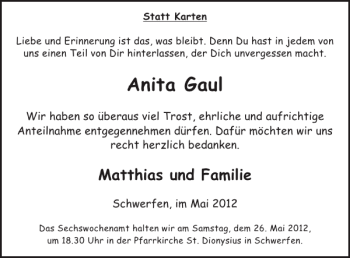 Traueranzeige von Anita Gaul von WochenSpiegel