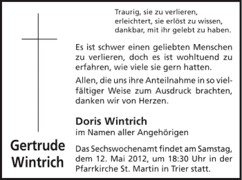 Traueranzeige von Gertrude Wintrich von WochenSpiegel