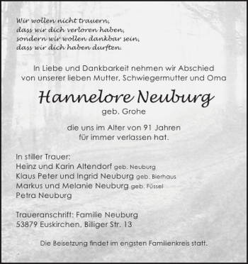 Traueranzeige von Hannelore Neuburg von WochenSpiegel