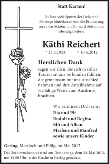 Traueranzeige von Käthi Reichert von WochenSpiegel