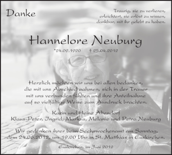 Traueranzeige von Hannelore Neuburg von WochenSpiegel