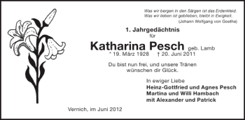 Traueranzeige von Katharina Pesch von WochenSpiegel