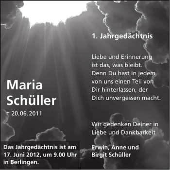 Traueranzeige von Maria Schüller von WochenSpiegel