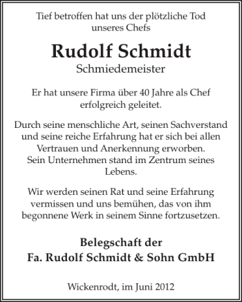 Traueranzeige von Rudolf Schmidt von WochenSpiegel