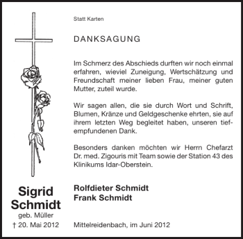 Traueranzeige von Sigrid Schmidt von WochenSpiegel