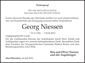 Traueranzeige von Georg Niessen von WochenSpiegel