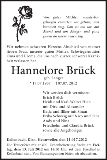 Traueranzeige von Hannelore Brück von WochenSpiegel