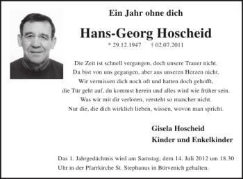 Traueranzeige von Hans-Georg Hoscheid von WochenSpiegel