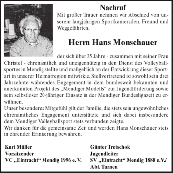 Traueranzeige von Hans Monschauer von WochenSpiegel