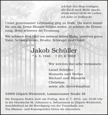 Traueranzeige von Jakob Schüller von WochenSpiegel