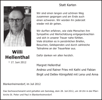 Traueranzeige von Willi Hellenthal von WochenSpiegel