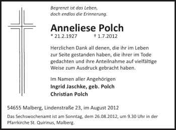 Traueranzeige von Anneliese Polch von WochenSpiegel