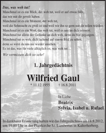 Traueranzeige von Wilfried Gaul von WochenSpiegel