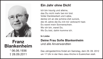 Traueranzeige von Franz Blankenheim von WochenSpiegel