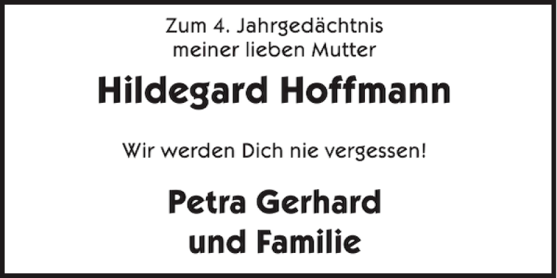  Traueranzeige für Hildegard Hoffmann vom 19.09.2012 aus WochenSpiegel