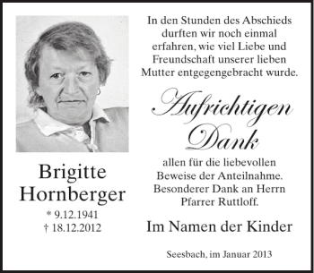 Traueranzeige von Brigitte Hornberger von WochenSpiegel