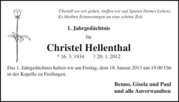 Traueranzeige von Christel Hellenthal von WochenSpiegel