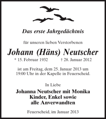 Traueranzeige von Johann Häns Neutscher von WochenSpiegel