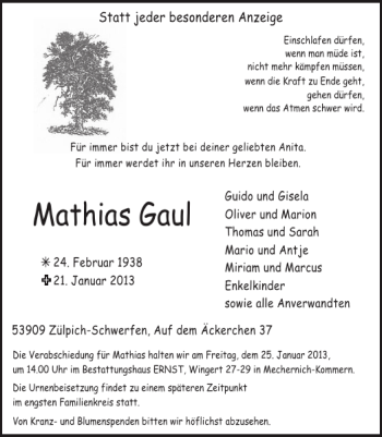 Traueranzeige von Mathias Gaul von WochenSpiegel