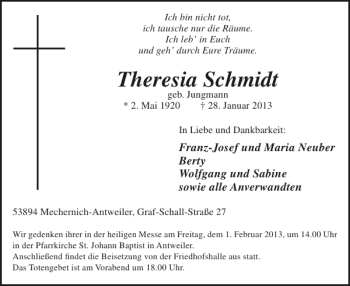 Traueranzeige von Theresia Schmidt von WochenSpiegel