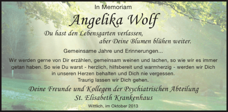  Traueranzeige für Angelika Wolf vom 30.10.2013 aus WochenSpiegel