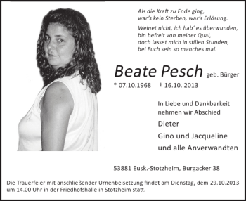 Traueranzeige von Beate Pesch von WochenSpiegel