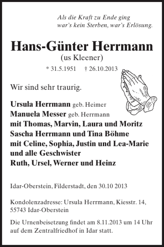  Traueranzeige für Hans-Günter Herrmann vom 30.10.2013 aus WochenSpiegel