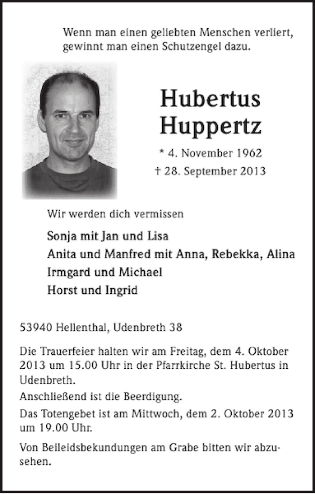  Traueranzeige für Hubertus Huppertz vom 02.10.2013 aus WochenSpiegel