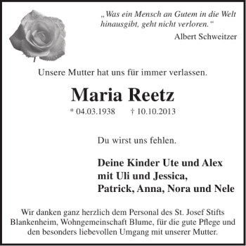 Traueranzeige von Maria Reetz von WochenSpiegel