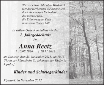 Traueranzeige von Anna Reetz von WochenSpiegel