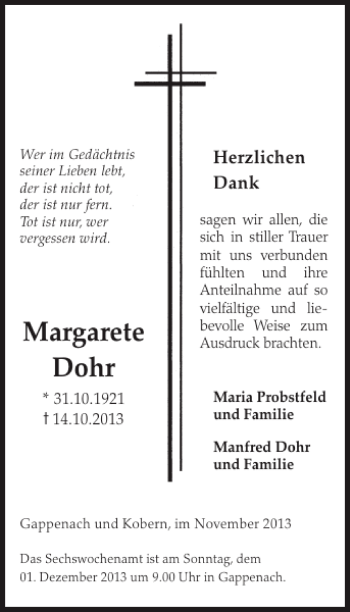 Traueranzeige von Margarete Dohr von WochenSpiegel