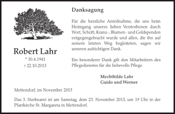 Traueranzeige von Robert Lahr von WochenSpiegel