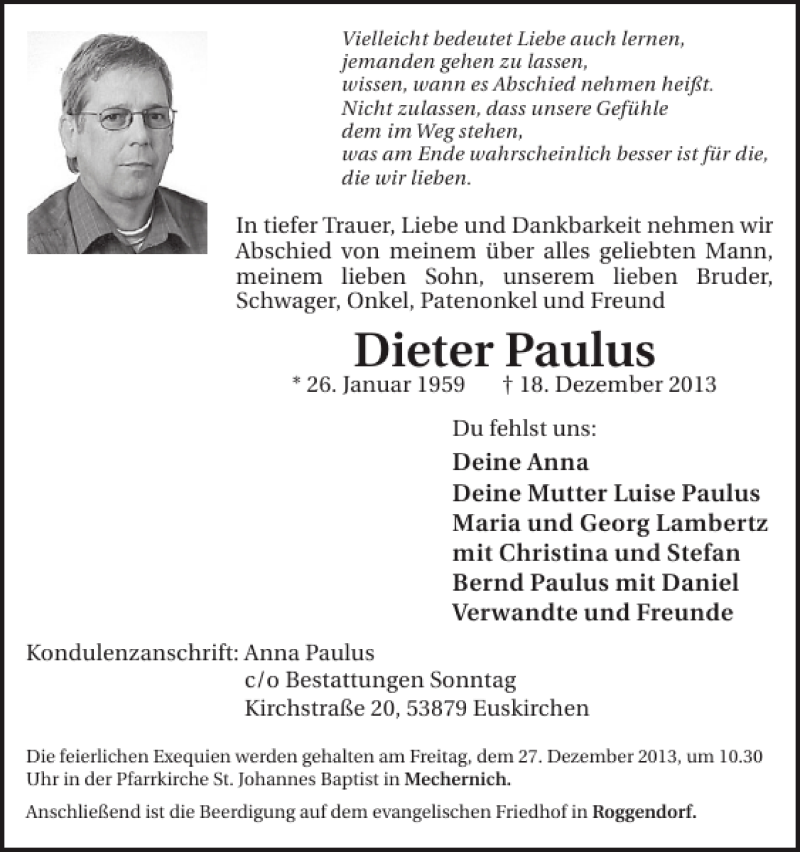  Traueranzeige für Dieter Paulus vom 23.12.2013 aus WochenSpiegel