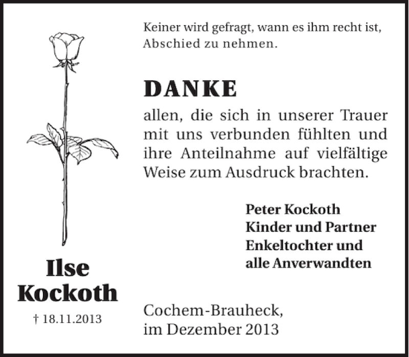  Traueranzeige für Ilse Kockoth vom 11.12.2013 aus WochenSpiegel