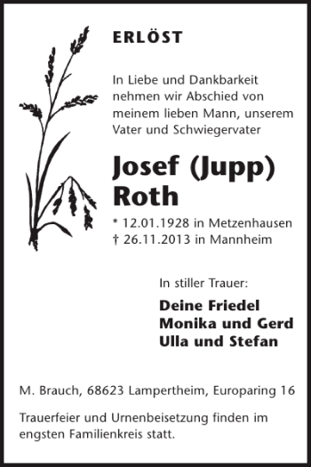 Traueranzeige von Josef Jupp Roth von WochenSpiegel