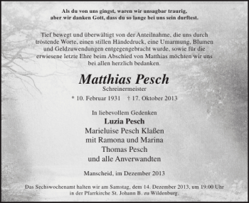 Traueranzeige von Matthias Pesch von WochenSpiegel